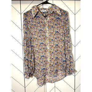 Zara Women’s XS Pink Orange Blue Floral Long Sleeve Button Down Shear Top Spring